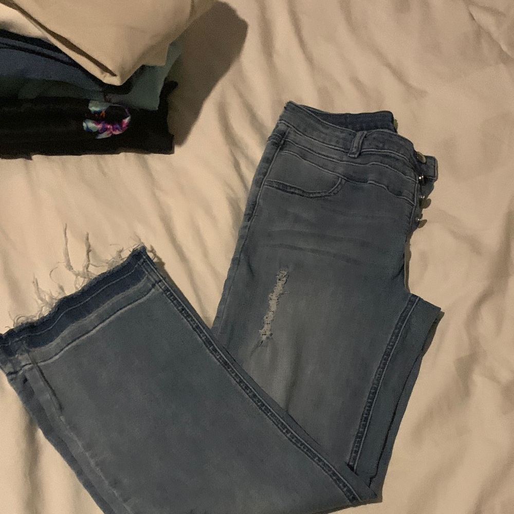 bebe Light Blue Ankle Crop Distressed Jeans